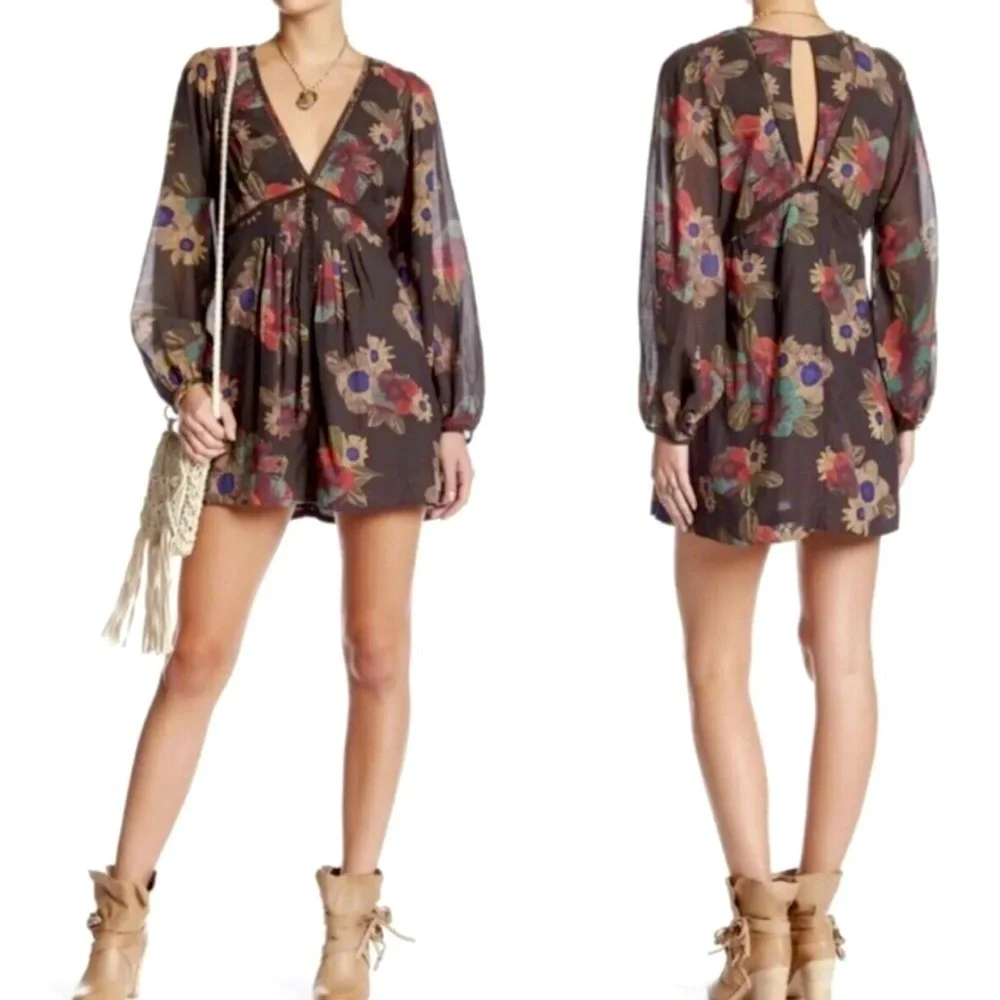 NWOT FREE PEOPLE Strawberry Fields Floral Tunic Dress Brown Long Sleeve Boho SM